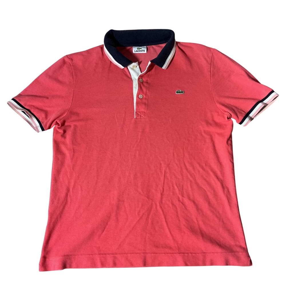 Lacoste Womens Preppy Pink Pique Polo Shirt Short Sleeve Navy Trim Size 4 F8331
